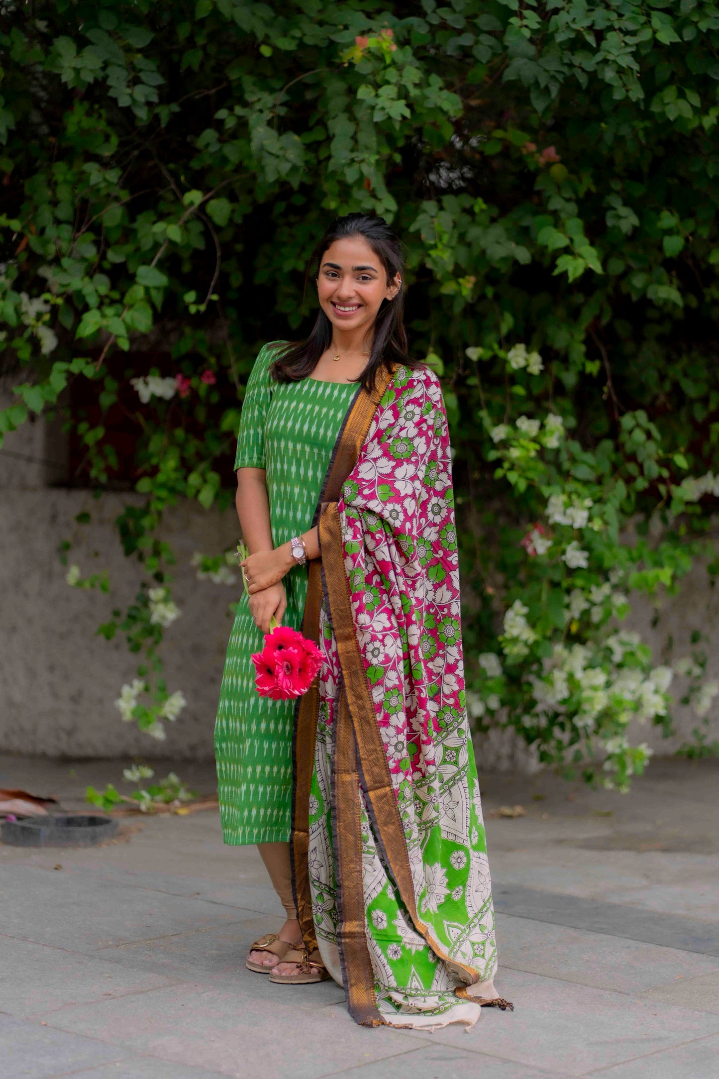 AA201 Green Ikkat Cotton Kurti with Kalmkari Dupatta