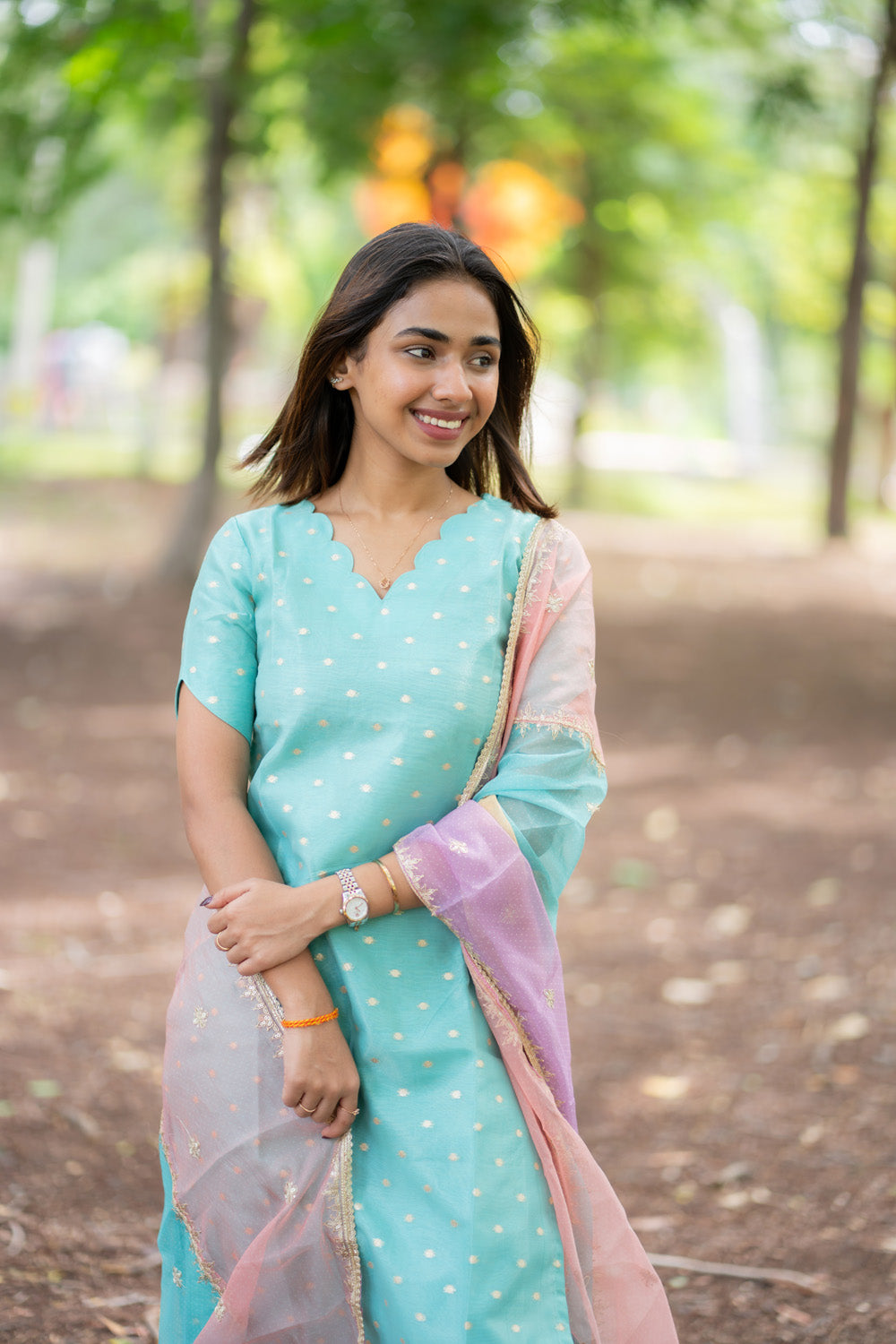 Blue Designer Silk Top & Pant with Multicolour Dupatta