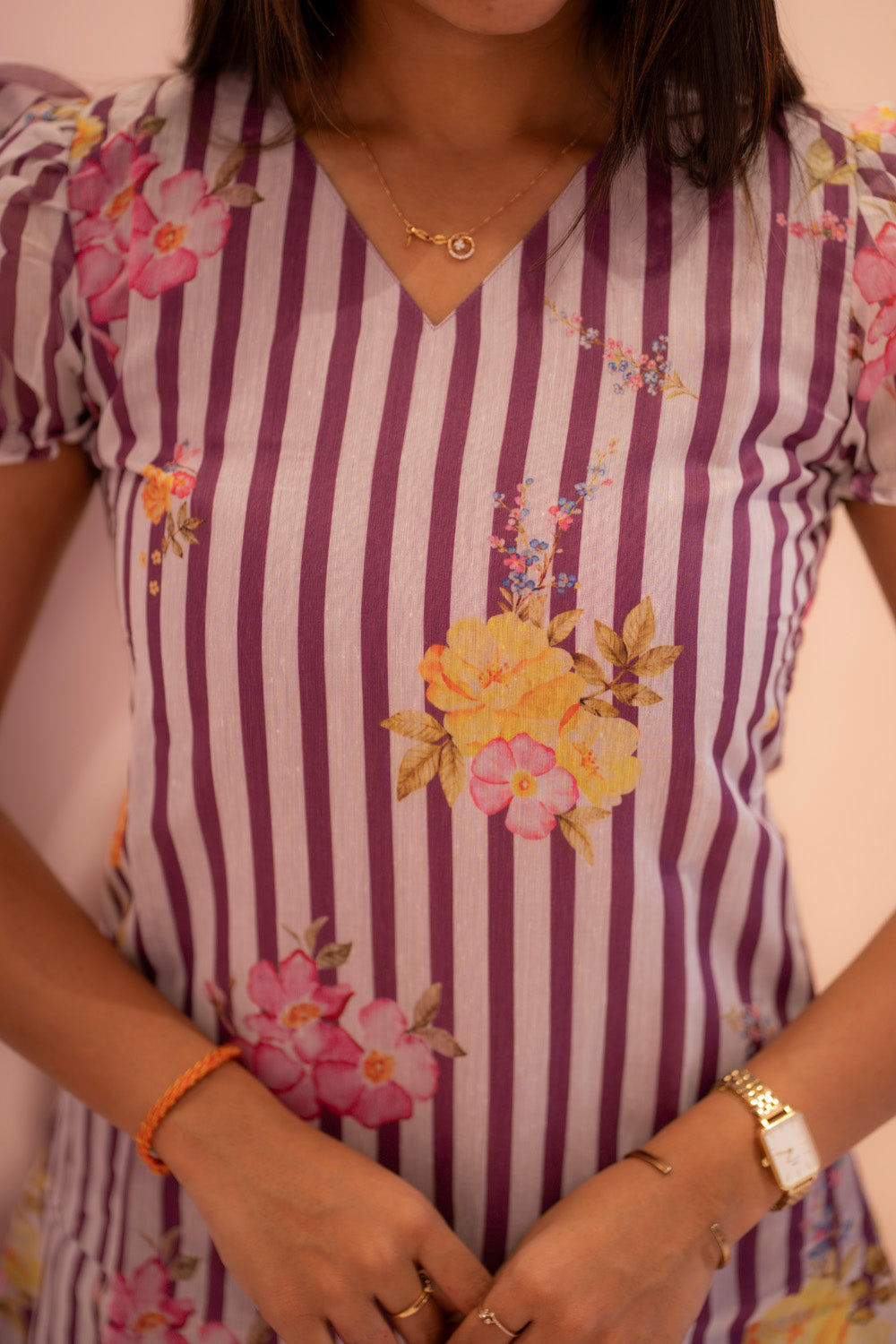 AA225 Lavender Mul Chanderi Lines Flower print Aline Kurti