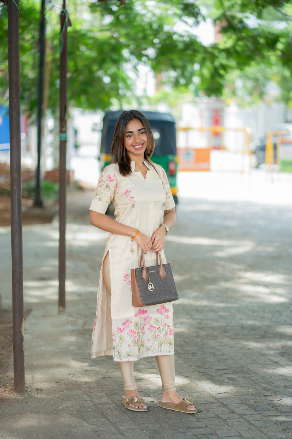 AA274 White with Golden motifs Shimmer Silk Lotus Print Kurti