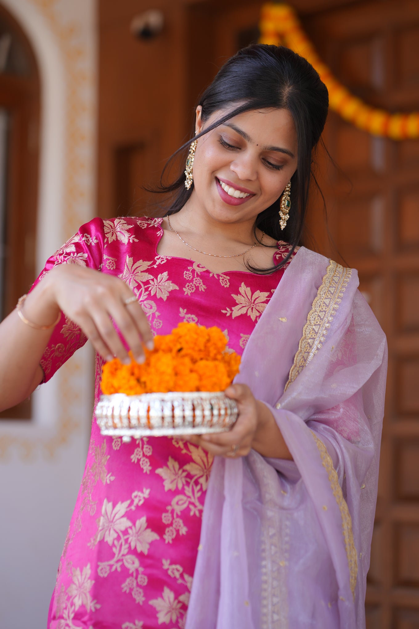 AA155 Bright Pink Brocade Silk Kurti & Pant with Lavender Organza Sequence Dupatta(3 Pc Set)