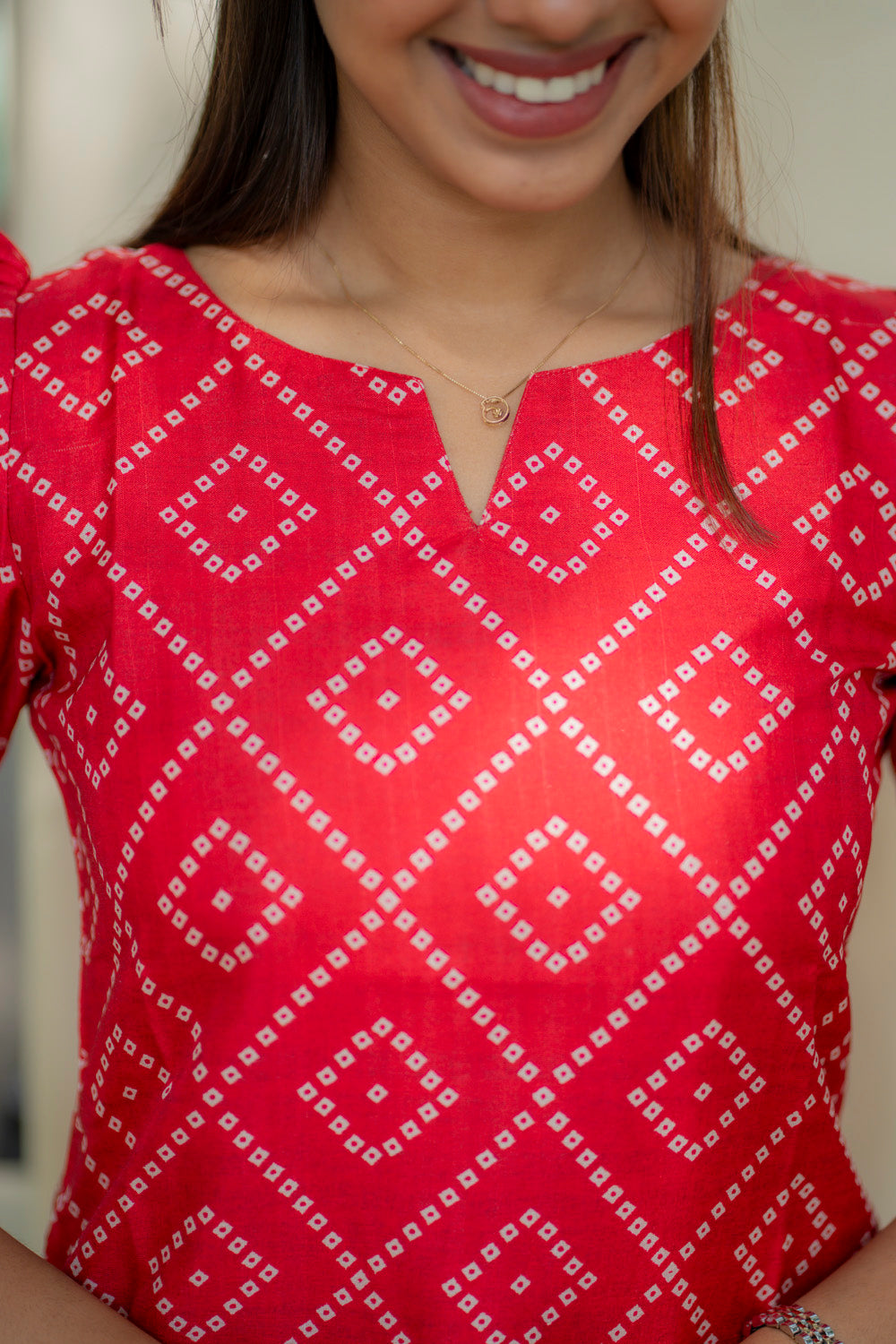 AA237 Red Bandhani with Beige Floral Parrot Print Kurti