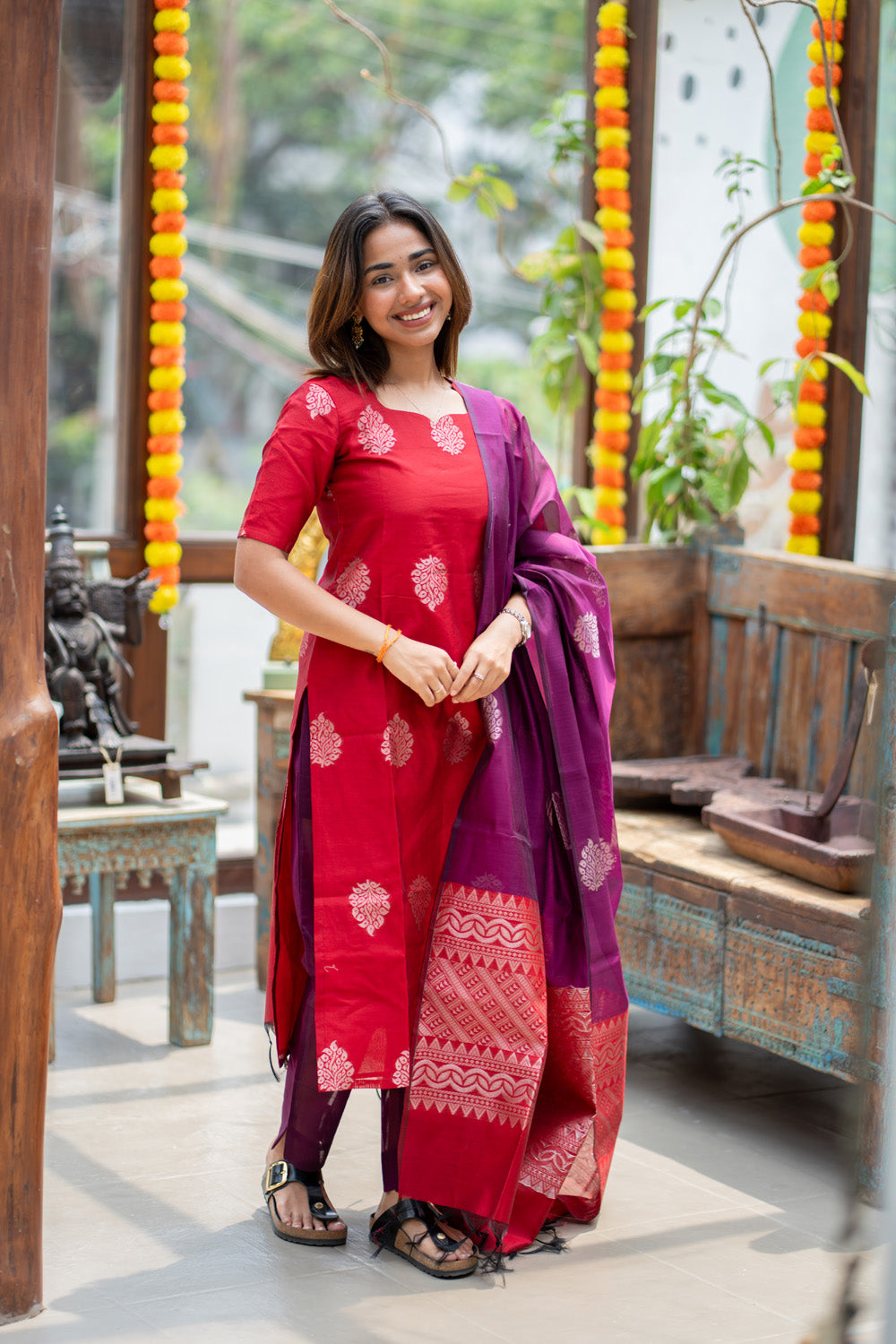 AA310 Red with Violet Combo Silk Cotton Salwar Set(with Silver Jari Design)(provided lining for top & pant)