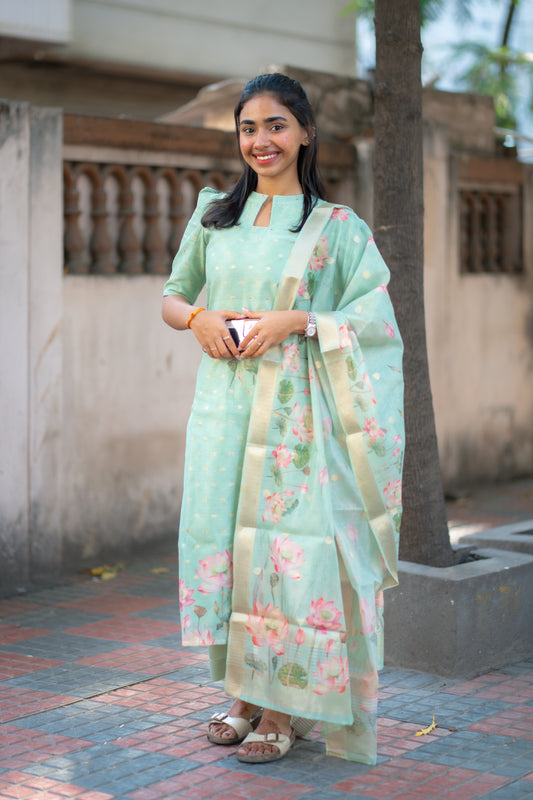 AA139 Green Lotus Shimmer Silk with Banarasi Weaving 3 Pc Set