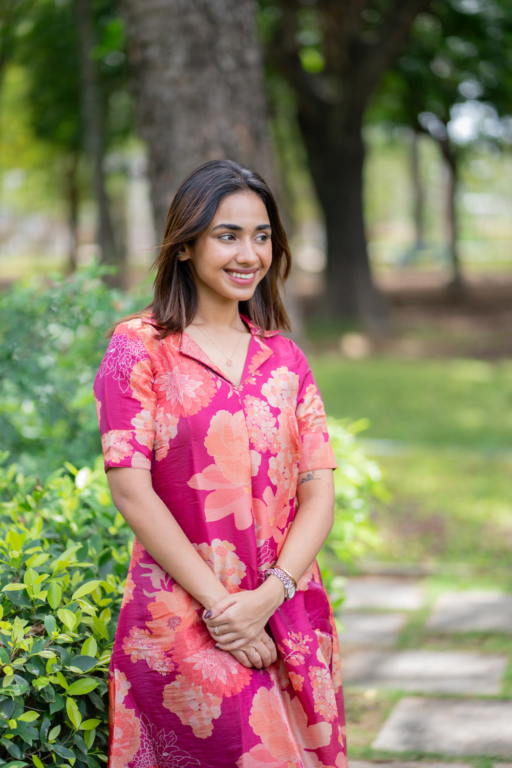 AA294 Magenta Pink Floral Chiniya Silk Aline Dress