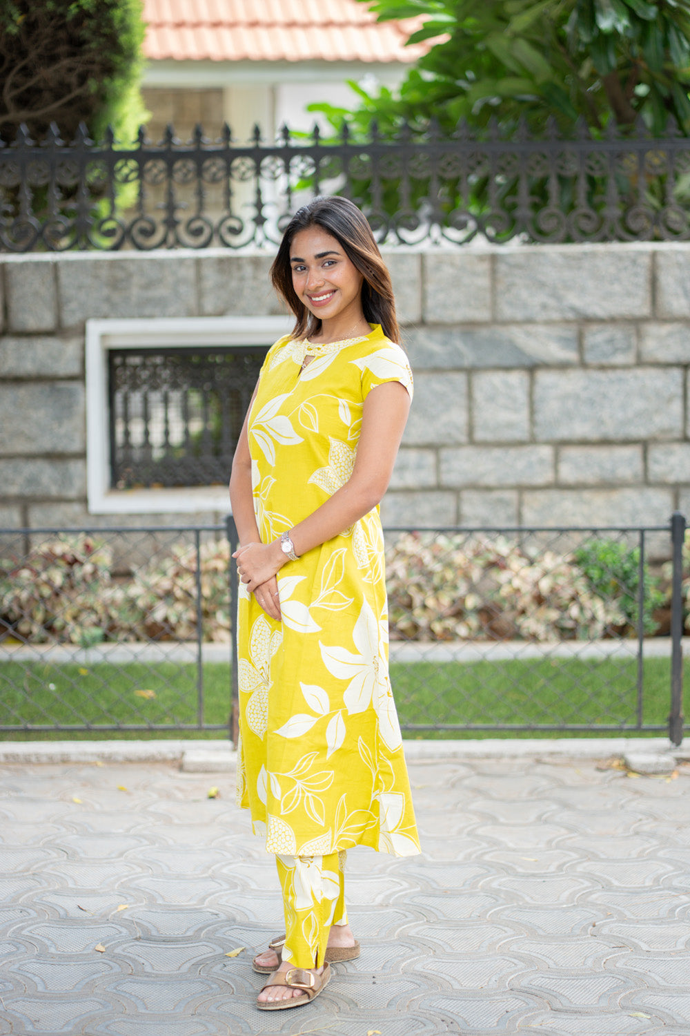 AA302 Neon Yellow Floral Cotton Co-Ord Set(with Lining & Pockets)