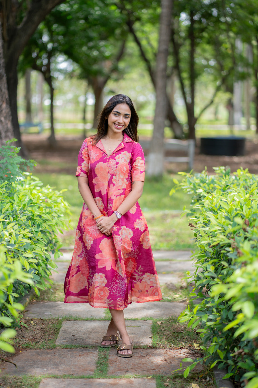 AA294 Magenta Pink Floral Chiniya Silk Aline Dress