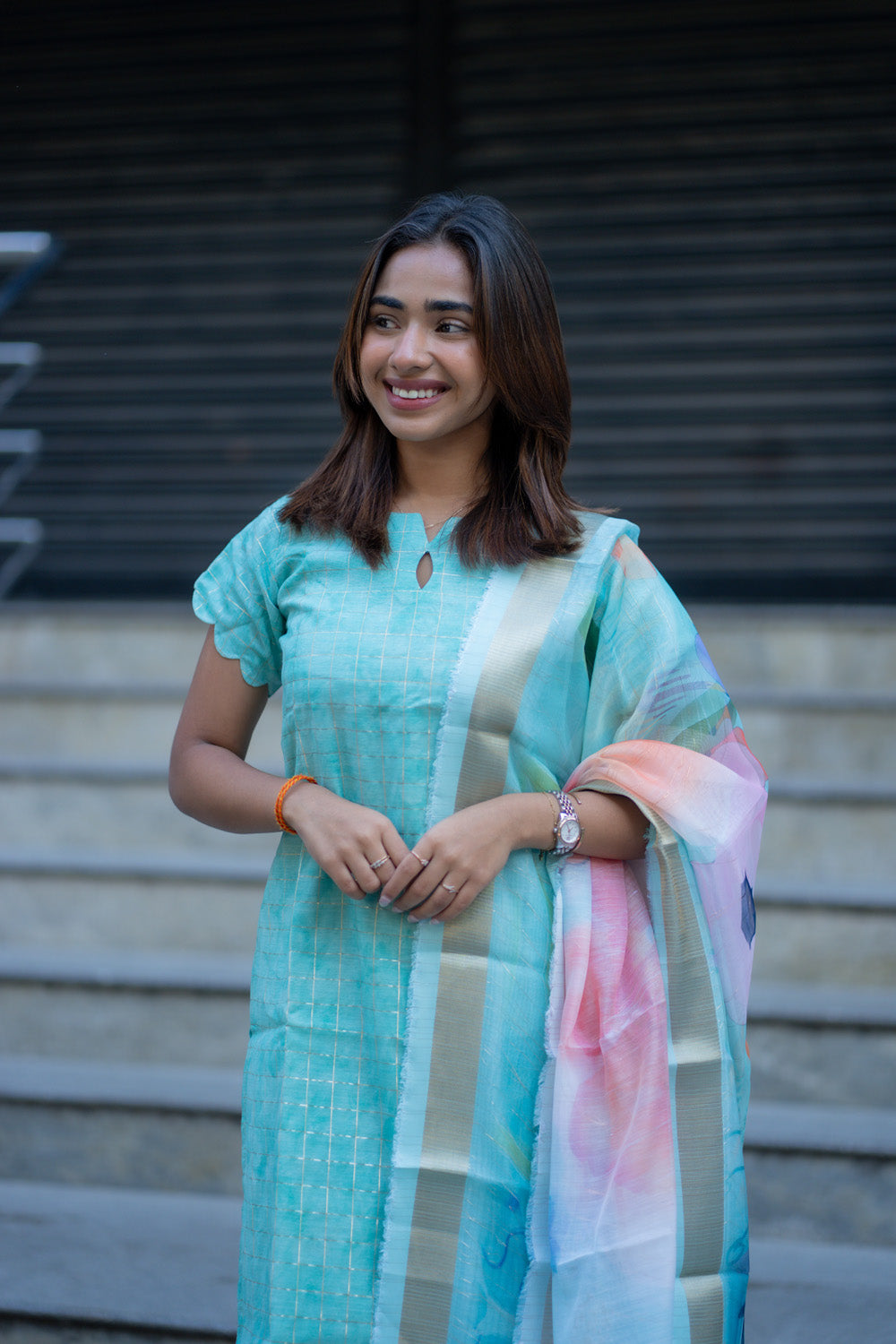 AA262 Blue Checks Digital Silk Salwar
