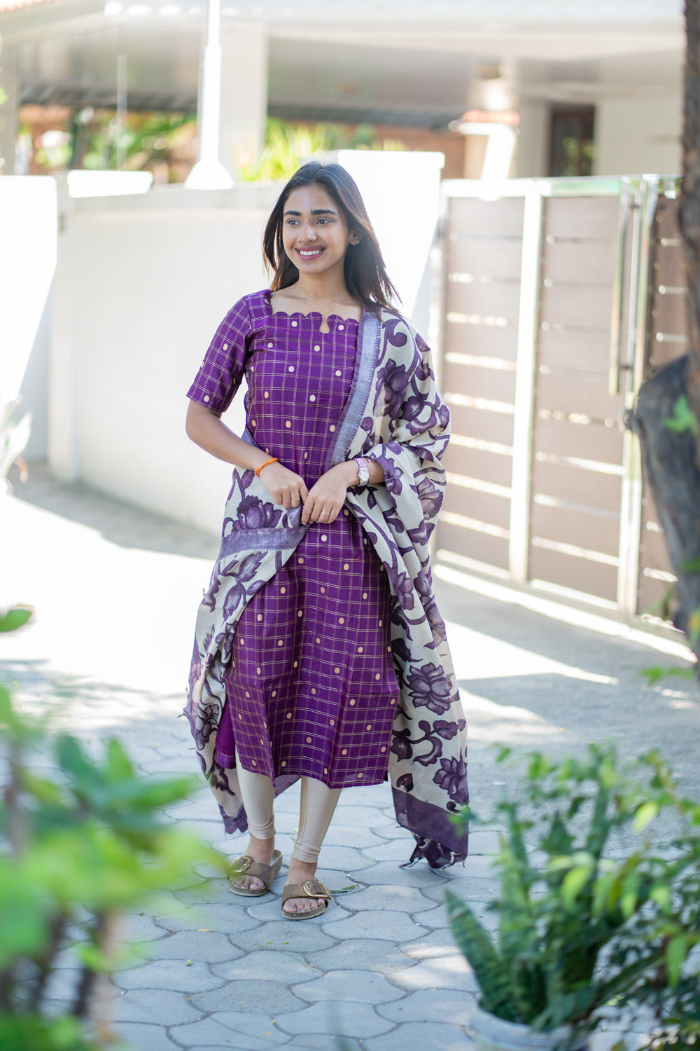 AA268 Purple Checks Raw Silk Kurti with Kalmkari Dupatta