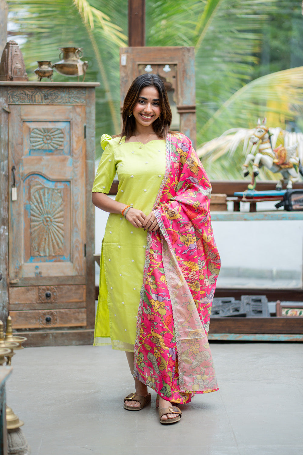 AA299 Gulabi Kalamkari Silk set (Pistachio Beads work Organza Kurti with Kalamkari Silk Dupatta with Scallop at the edges)