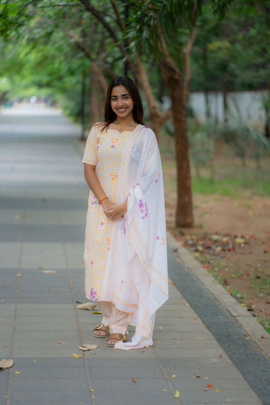 AA247 Yellow with White Checks Floral Cambric Cotton Salwar set