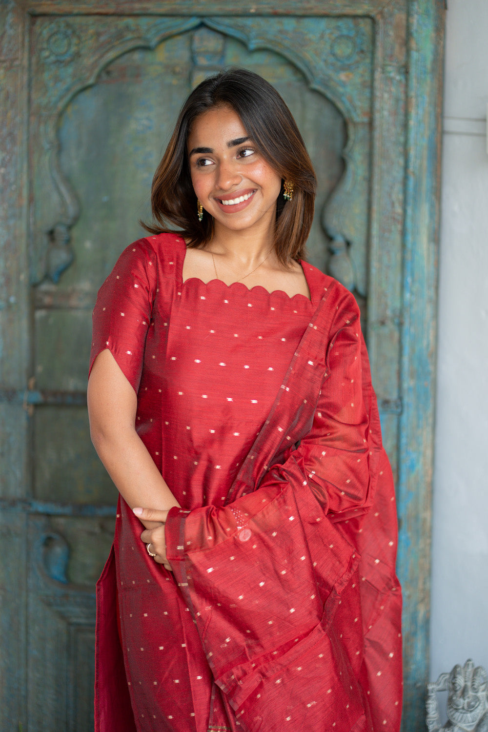 AA304 Plum Red Chanderi Silk Salwar Set with Scallop Neck (Rich & Classy Outfit with Golden Border & Golden Motifs)