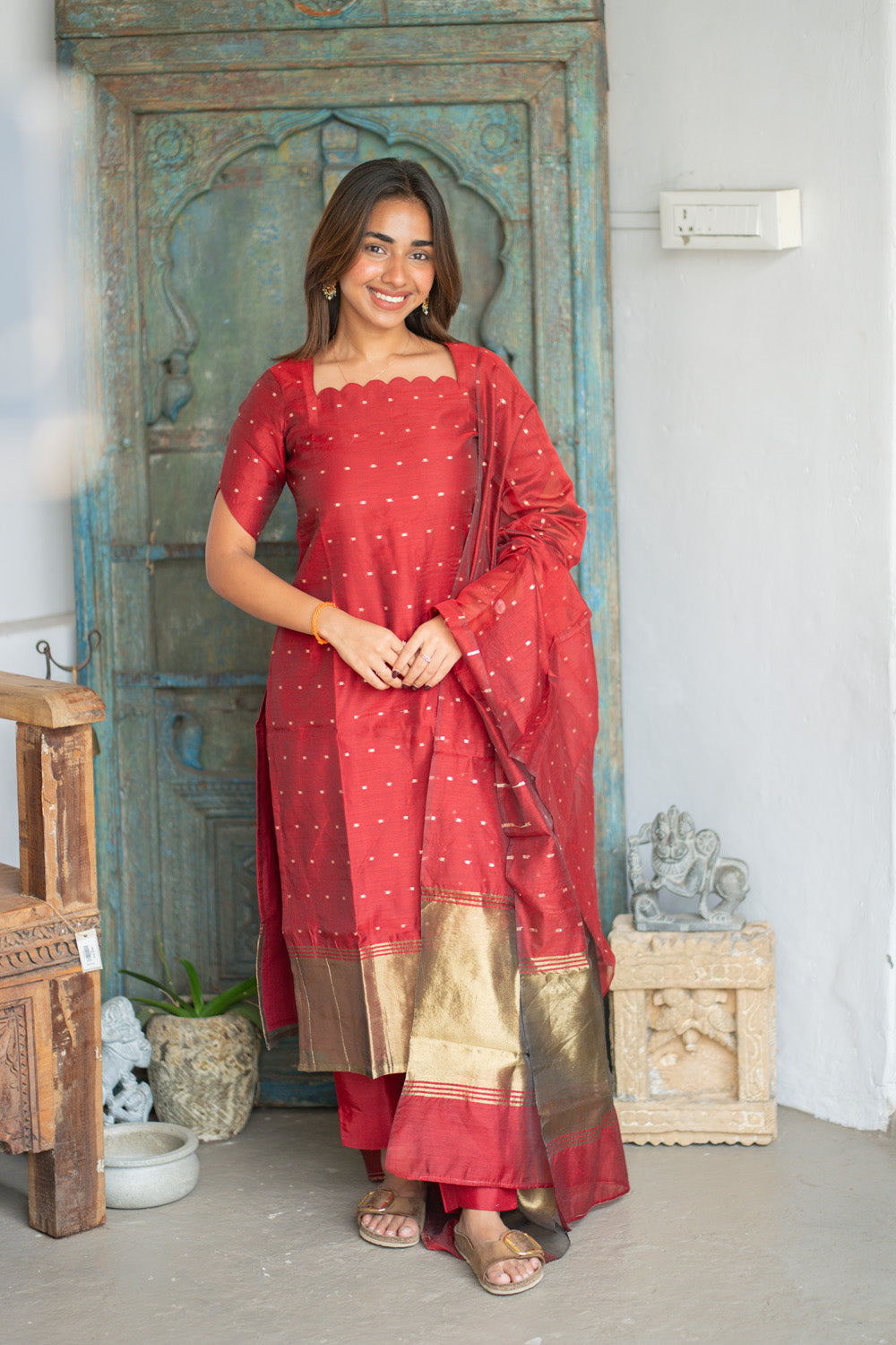 AA304 Plum Red Chanderi Silk Salwar Set with Scallop Neck (Rich & Classy Outfit with Golden Border & Golden Motifs)