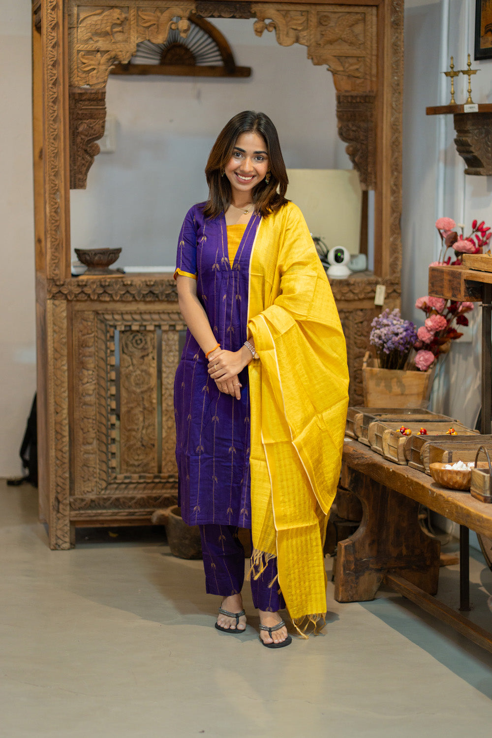 AA309 Violet Parrot Print Raw Silk Kurti & Pant  with Yellow Silk Dupatta (Neck & Sleeve Patched with Yellow Silk Fabric)
