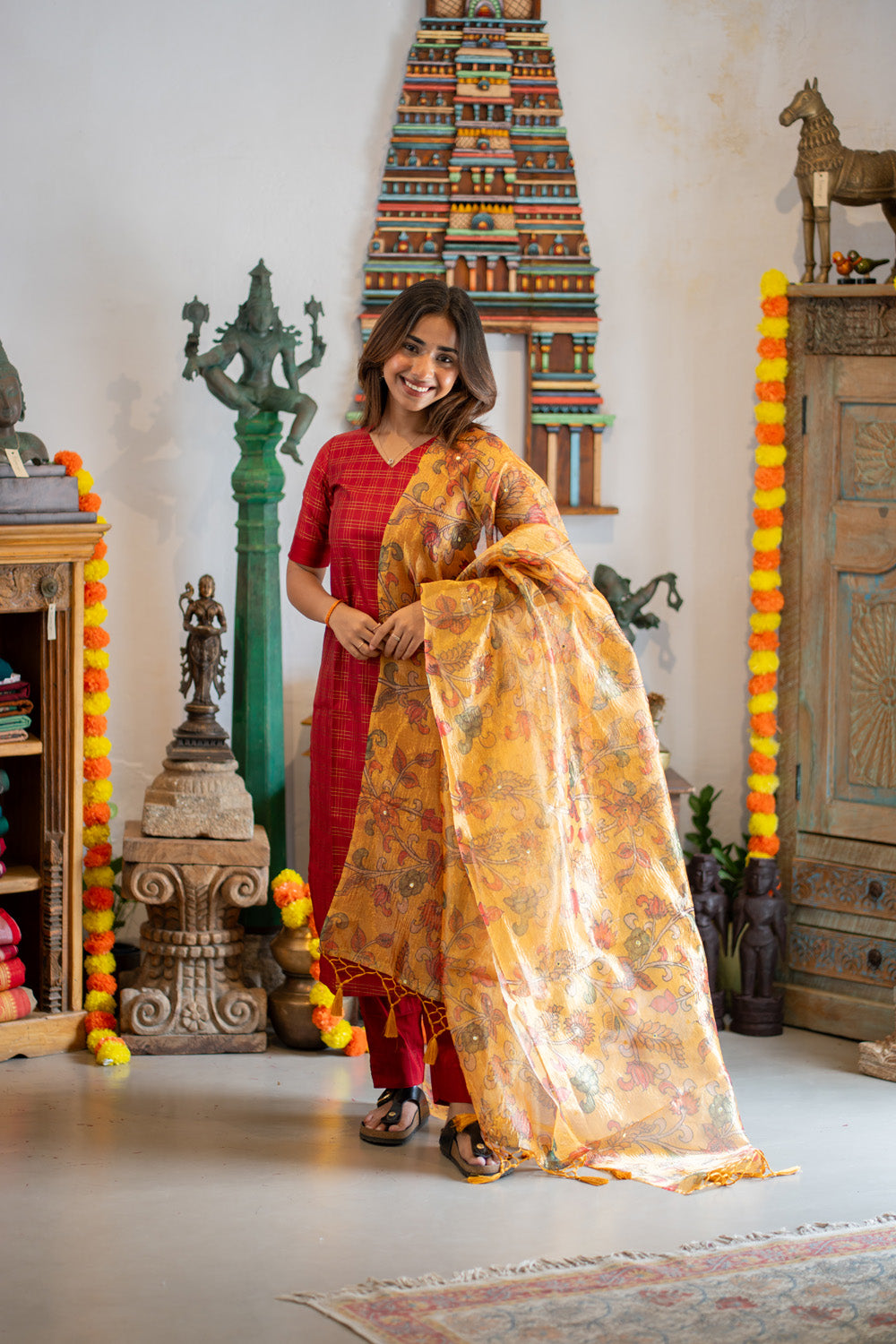AA308 Red Triple Checks Pure Raw Silk Kurti & pant with Yellow Crush silk Organza Dupatta with Mirror work & floral Penkalamkari prints