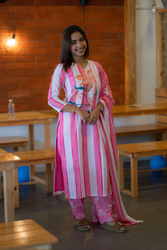 AA239 Pastel Pink with White Stripes Cambric Cotton 3 Pc set