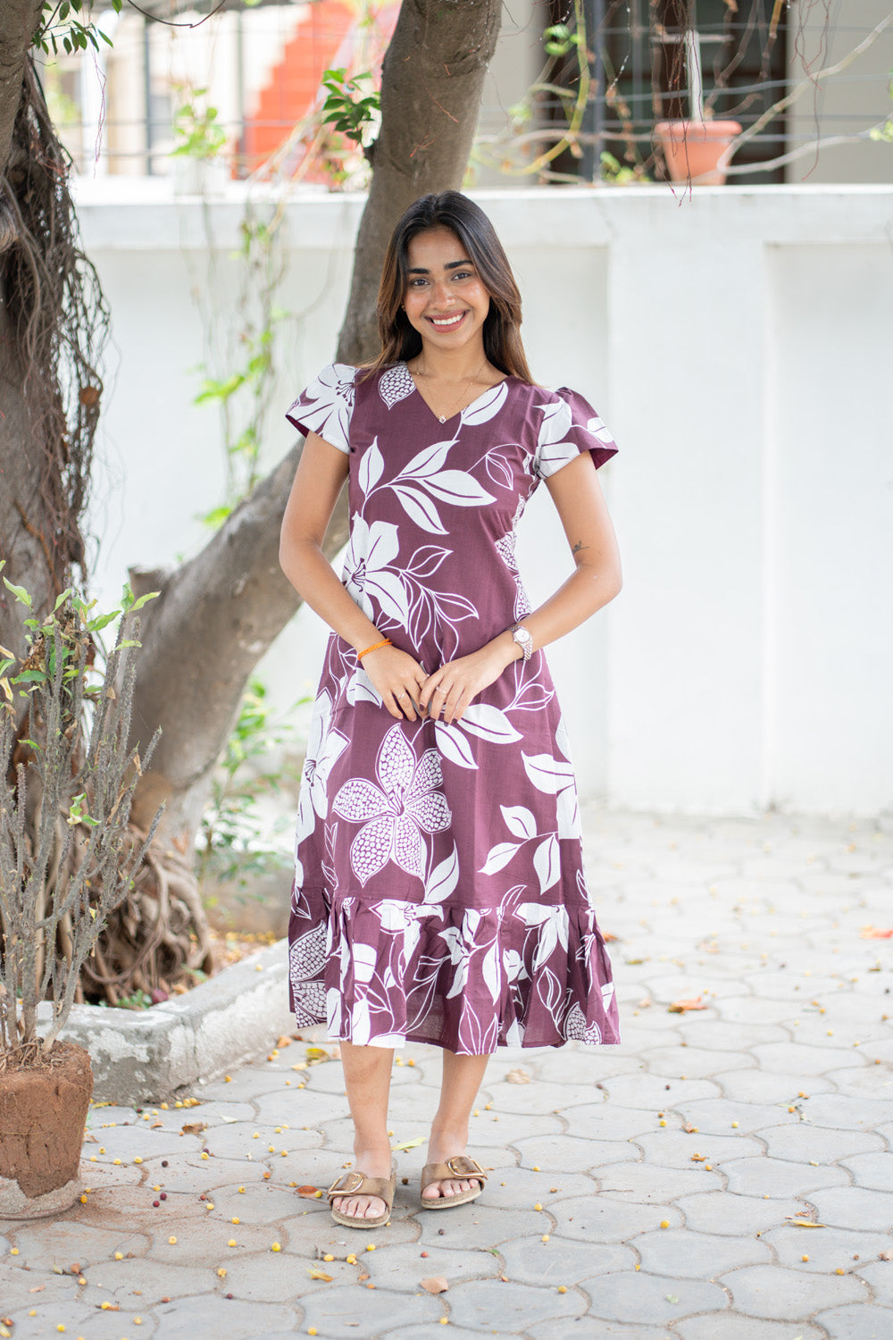 AA305 Purple Wine Floral Cotton Maxi(with Lining)