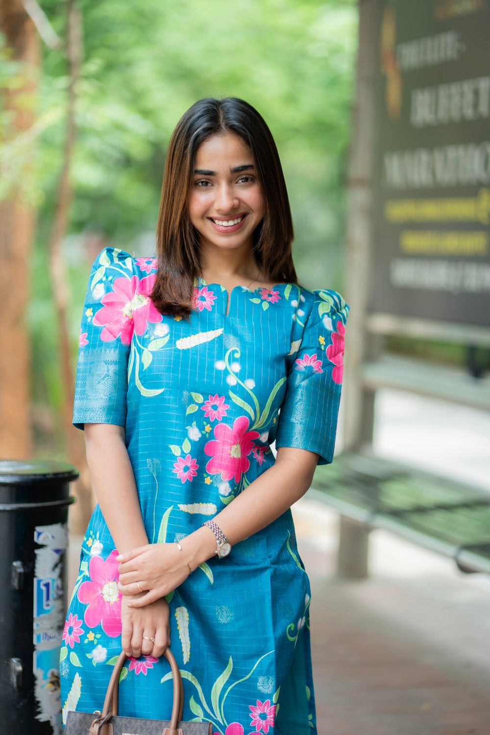 AA276 Peacock Blue Checks With Pink floral Mangalgiri Silk Kurti with Jacquard Border