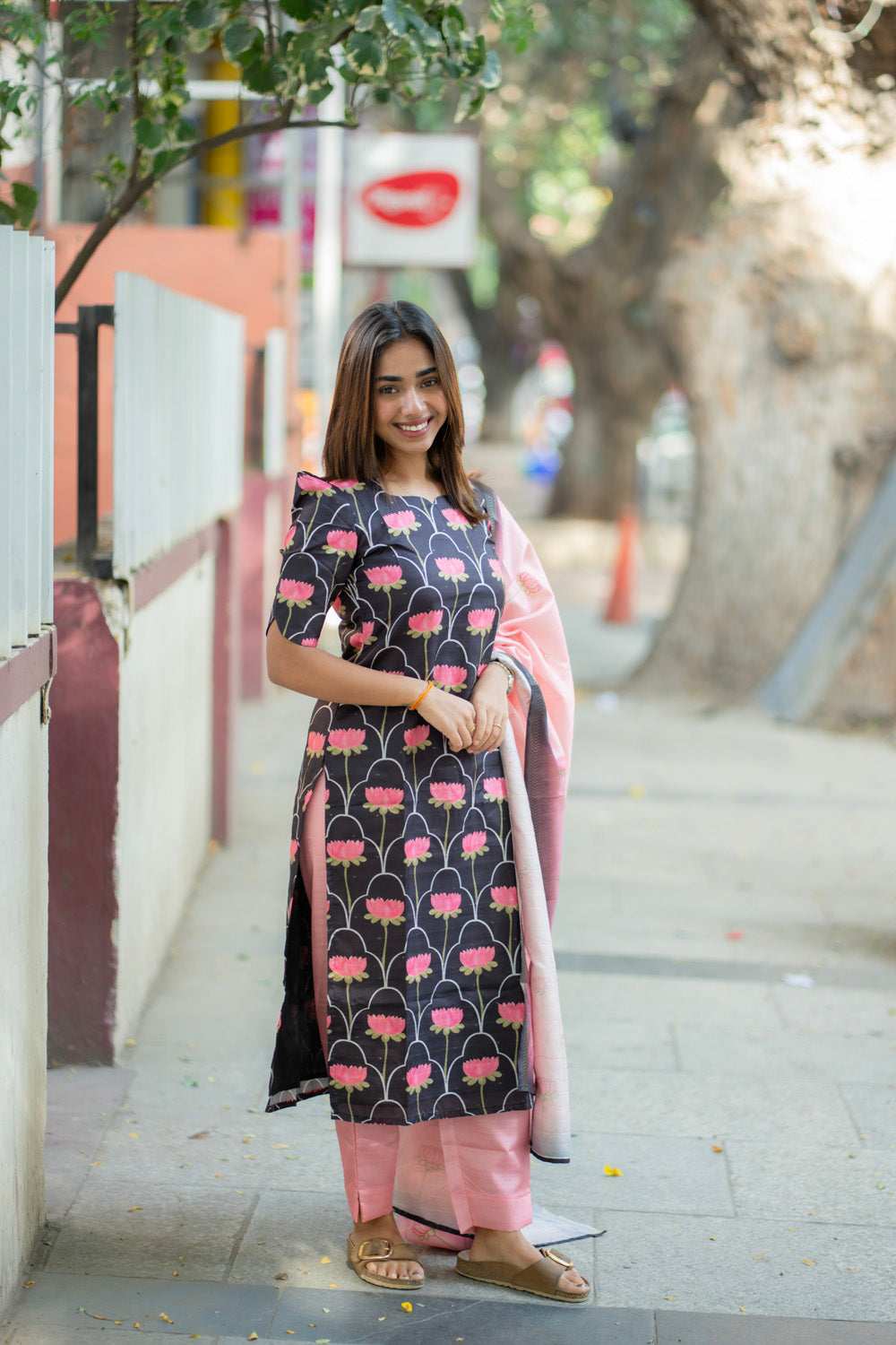 AA275 Black With Pink Lotus Kollam Silk Salwar set
