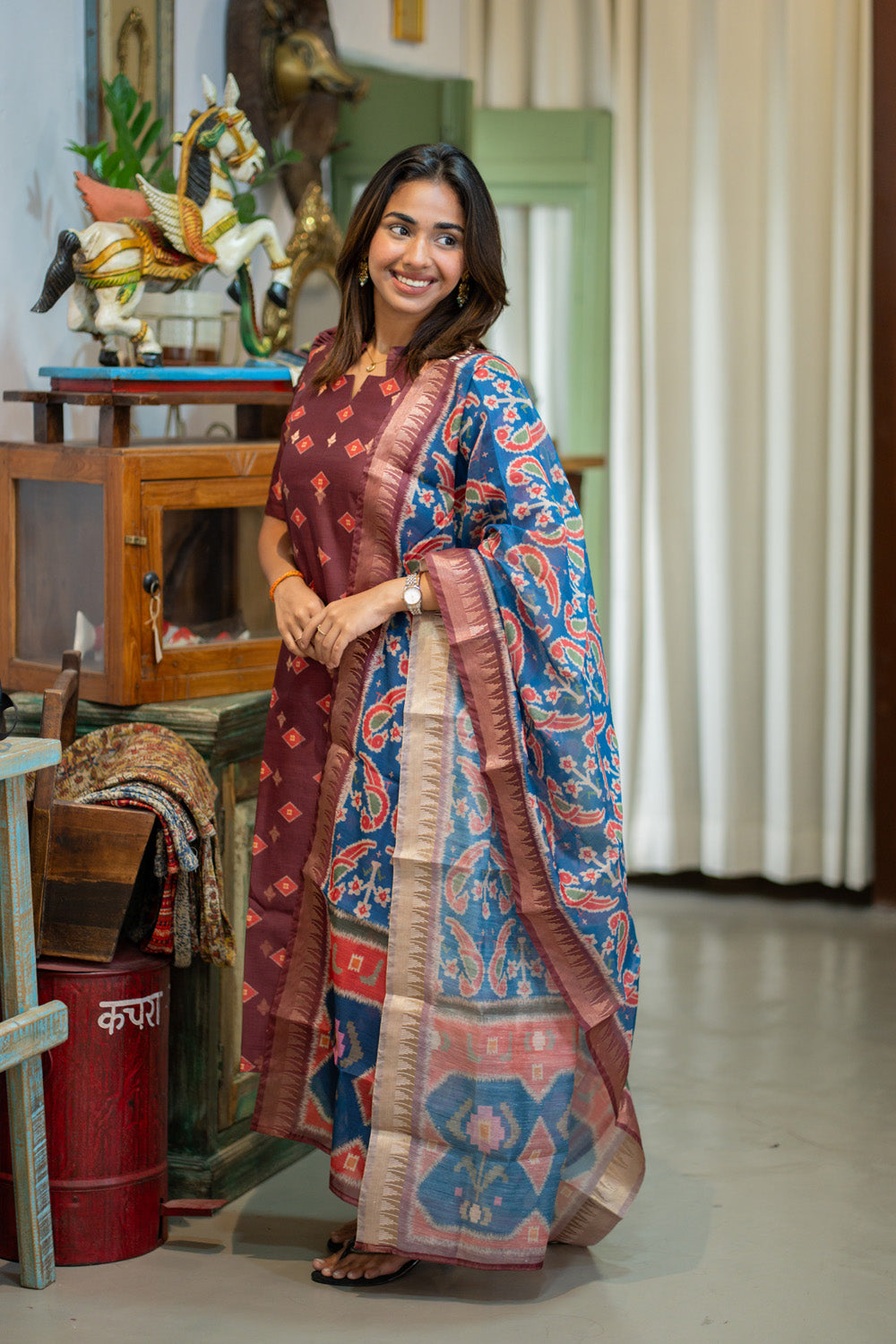 Brown with Blue combo Malai Chanderi Salwar Set with Patola Print Dupatta