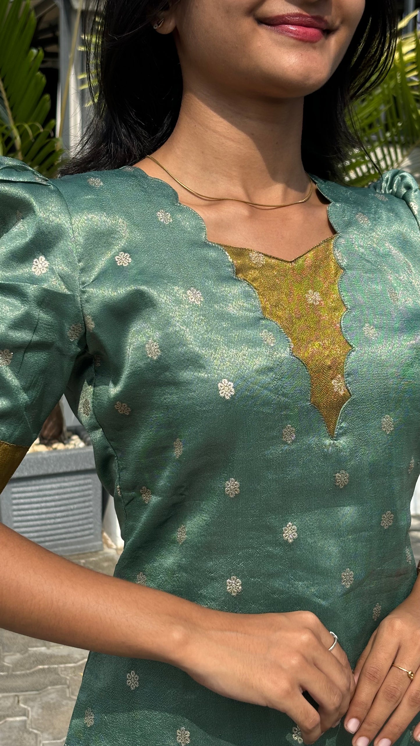 AA180 Teal Blue With Mustard Combo Shimmer Silk Kurti (warning :Don’t Iron)