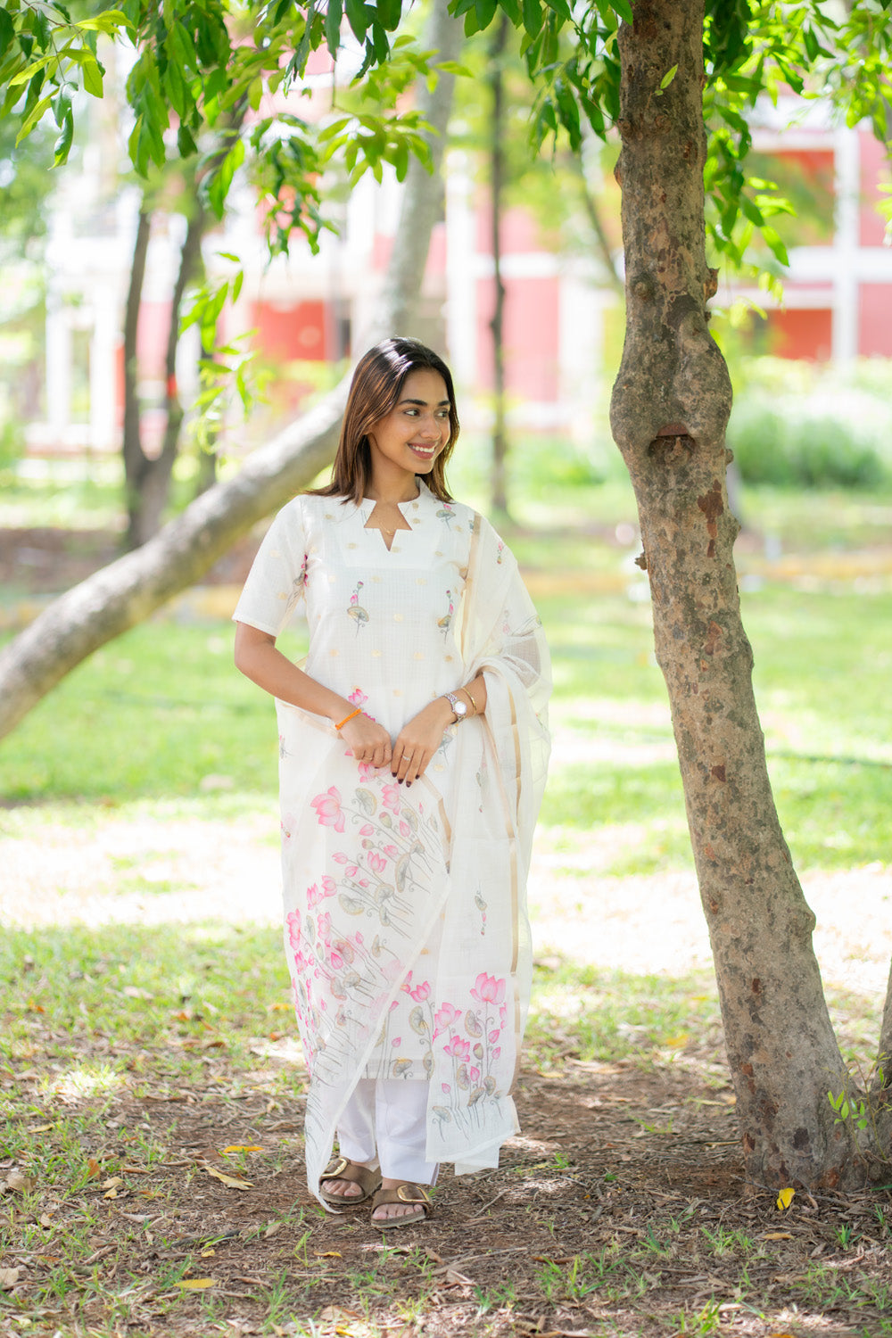 AA295 White Kota Salwar Set with Beautiful Lotus Print & Golden Motifs
