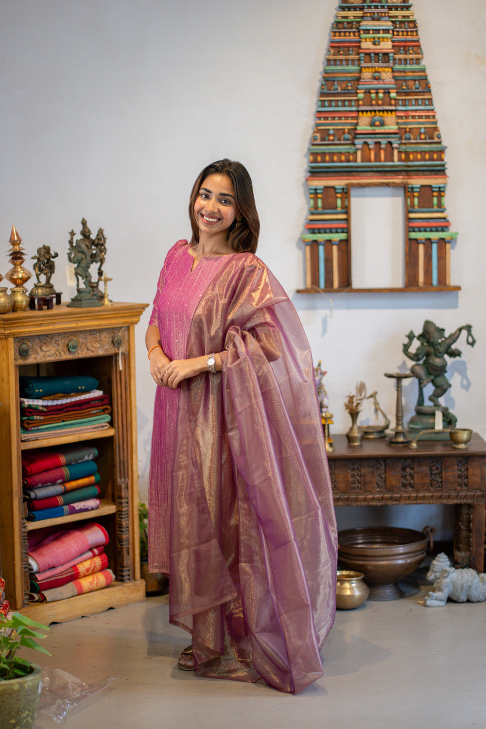 AA303 Purplish Pink Crush Silk Salwar Set with Shiny Tissue Silk Dupatta(crepe Lining)