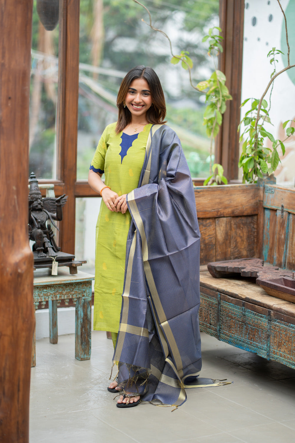 Parrot Green Raw Silk Kurti & Pant with Golden Floral Motifs Paired with Blue Zari Checks Dupatta(Neck & Sleeve patched with Blue semi raw Silk Fabric)