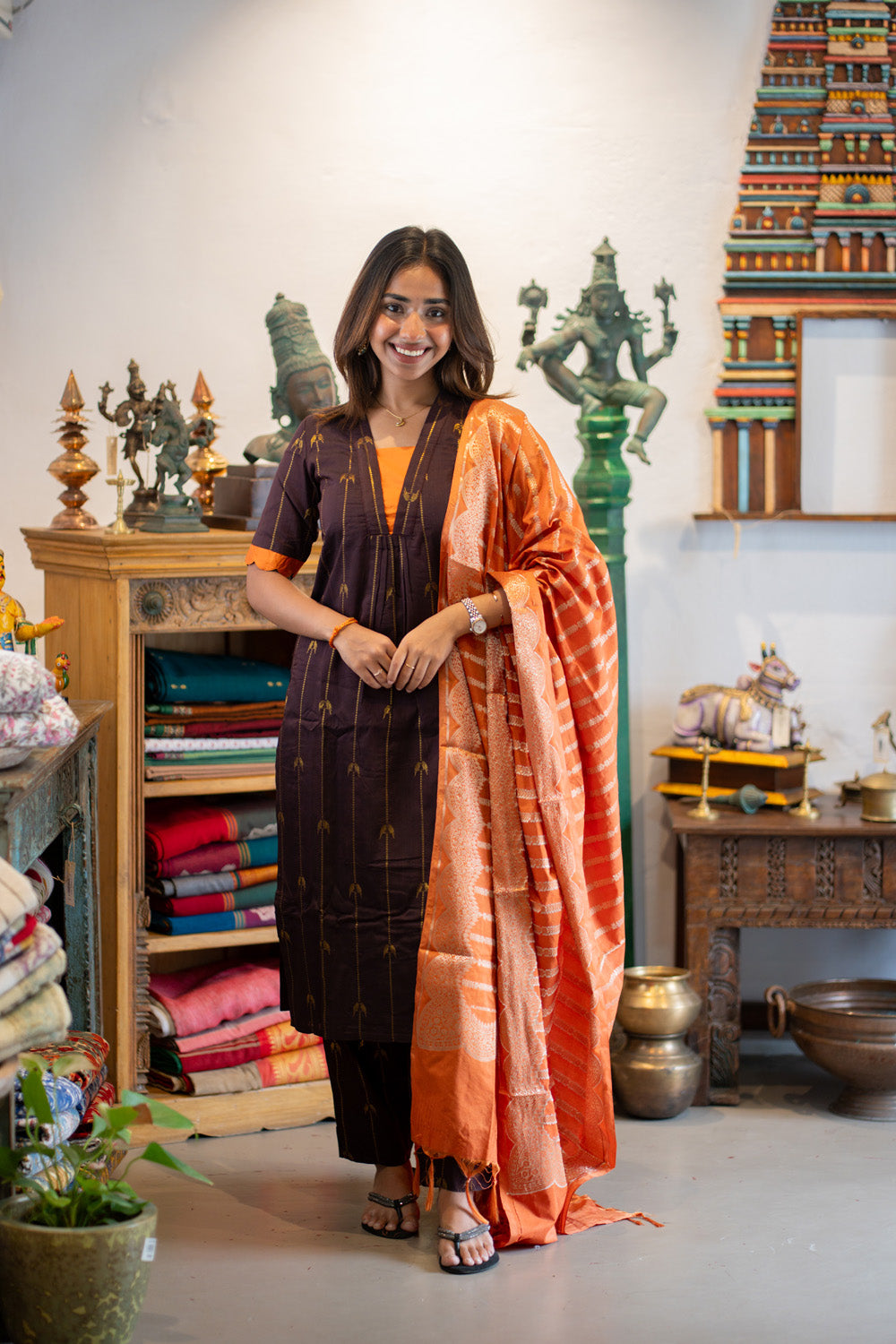 Brown Parrot Print Raw Silk Kurti & Pant  with Orange Jacquard  Silk Dupatta (Neck & Sleeve Patched with Orange Silk Fabric)