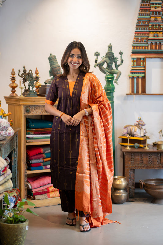 Brown Parrot Print Raw Silk Kurti & Pant  with Orange Jacquard  Silk Dupatta (Neck & Sleeve Patched with Orange Silk Fabric)