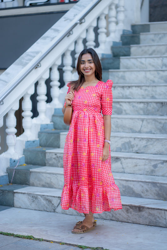 AA269 Red Checks Floral Kota Maxi
