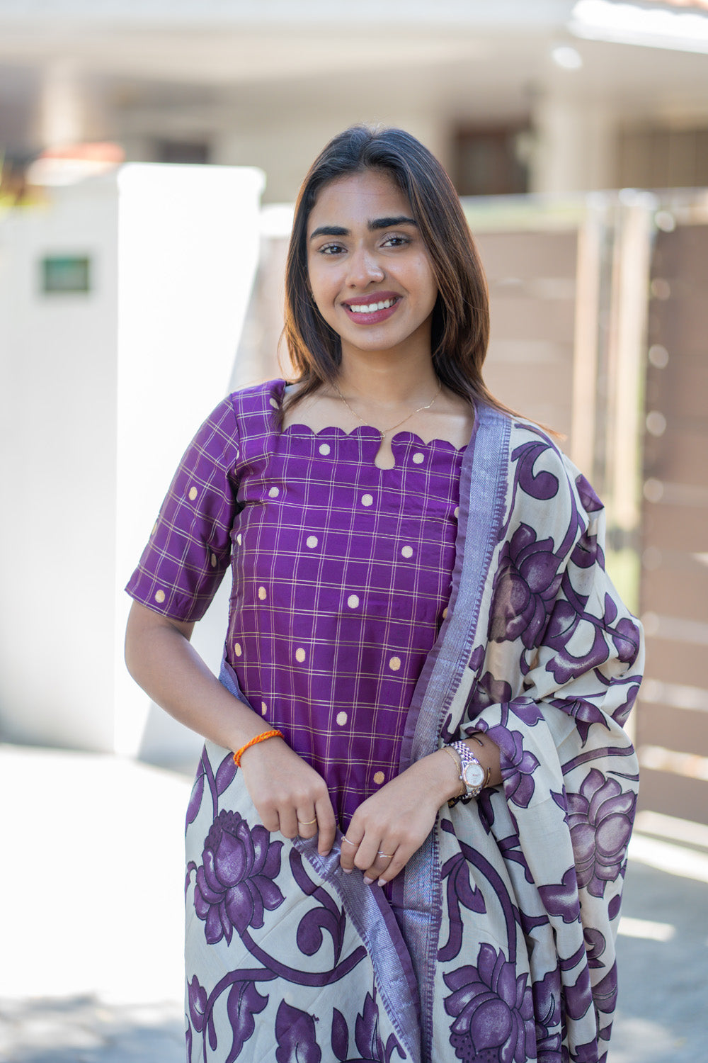 AA268 Purple Checks Raw Silk Kurti with Kalmkari Dupatta