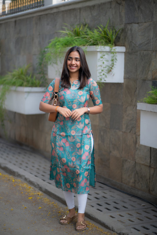 AA171 Teal Blue Glassy Organza Floral Kurti