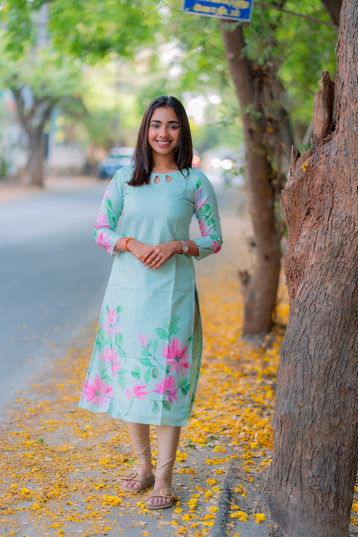 AA197 Pastel Green Kollam Silk Floral Kurti