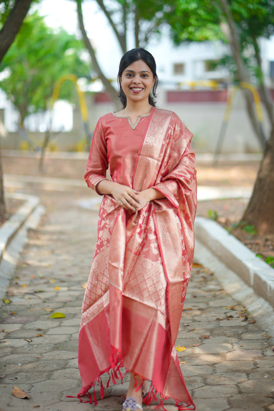 AA124 Rust Red Tissue Silk kurti with Brocade Silk Dupatta