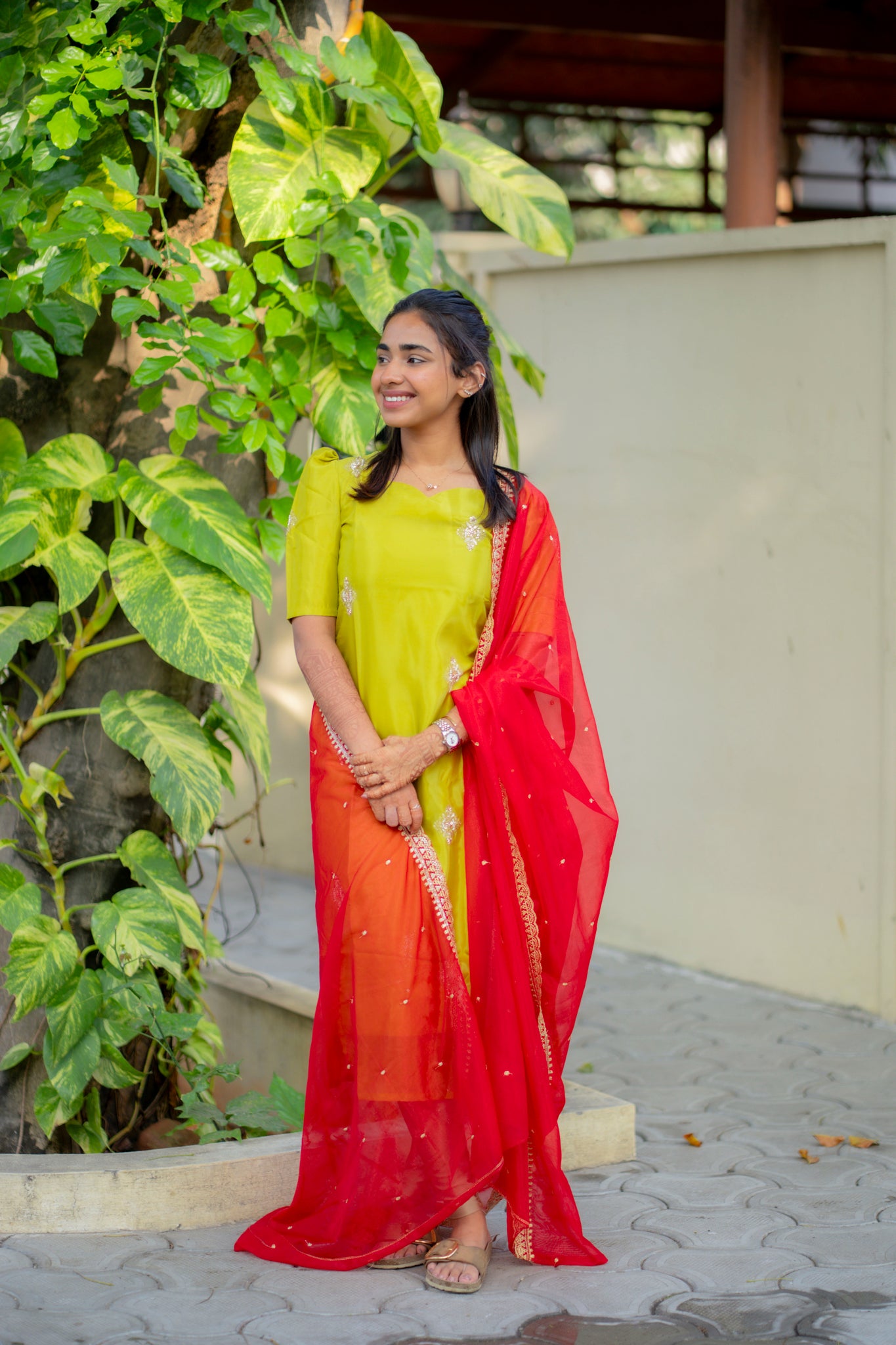 AA195 Parrot Green Glassy Organza Designer Kurti with Red Designer Dupatta