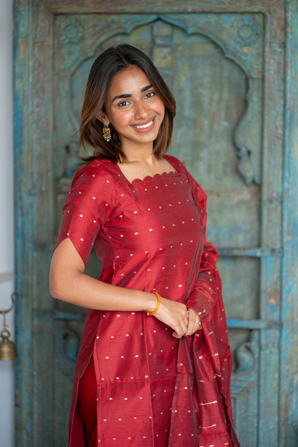 AA304 Plum Red Chanderi Silk Salwar Set with Scallop Neck (Rich & Classy Outfit with Golden Border & Golden Motifs)
