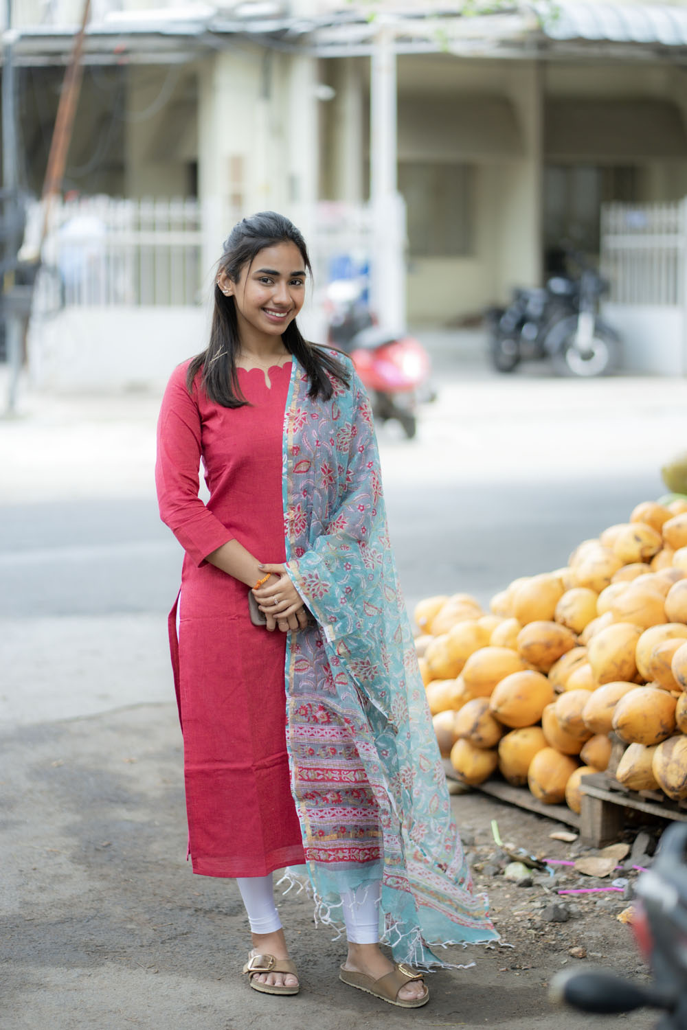 AA224 Red Cotton Top with Kota Dupatta