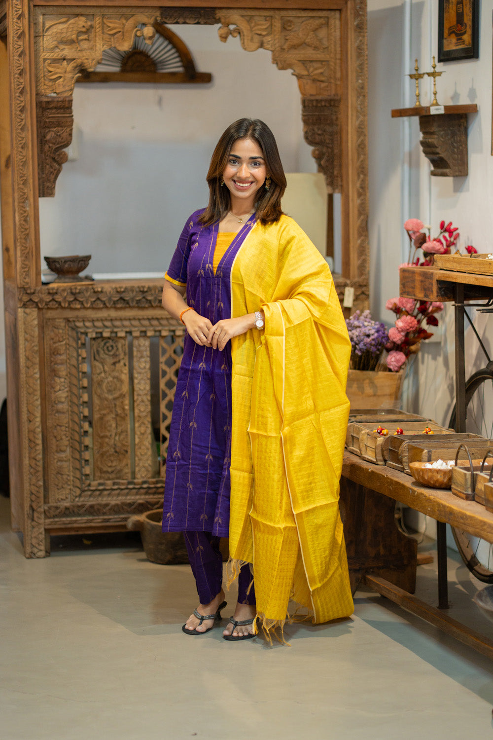 AA309 Violet Parrot Print Raw Silk Kurti & Pant  with Yellow Silk Dupatta (Neck & Sleeve Patched with Yellow Silk Fabric)