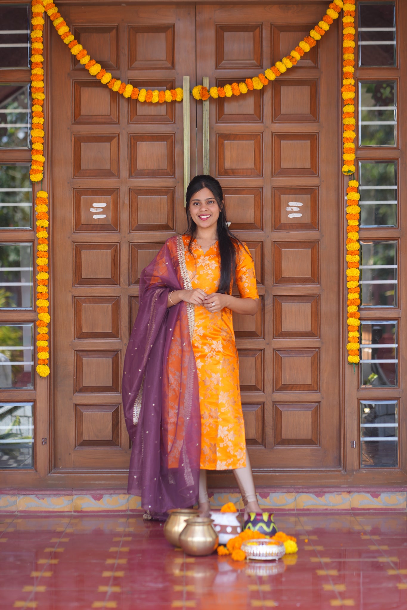 AA152 Dark Orange Brocade Silk Kurti with Wine Organza Sequence Dupatta