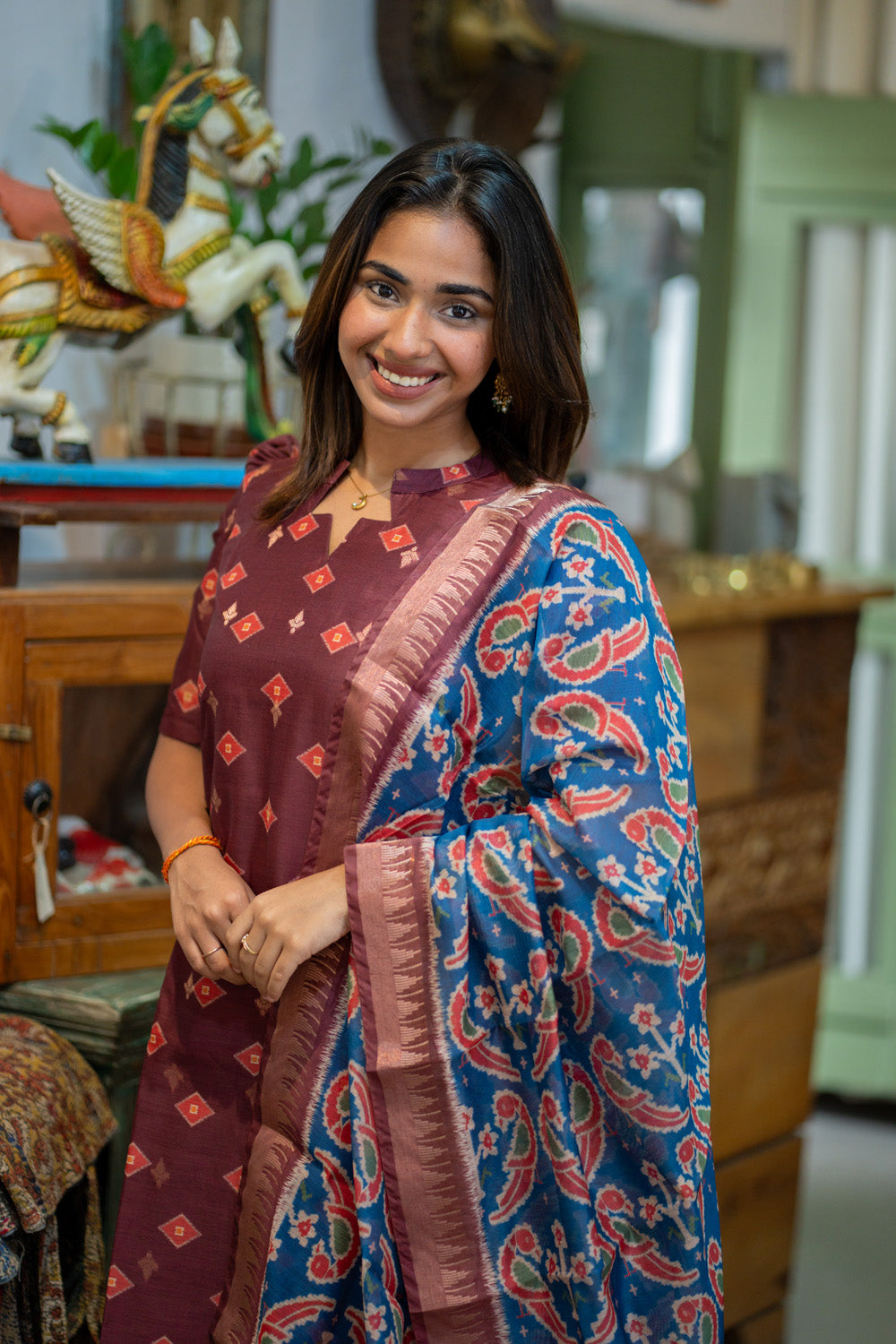 Brown with Blue combo Malai Chanderi Salwar Set with Patola Print Dupatta