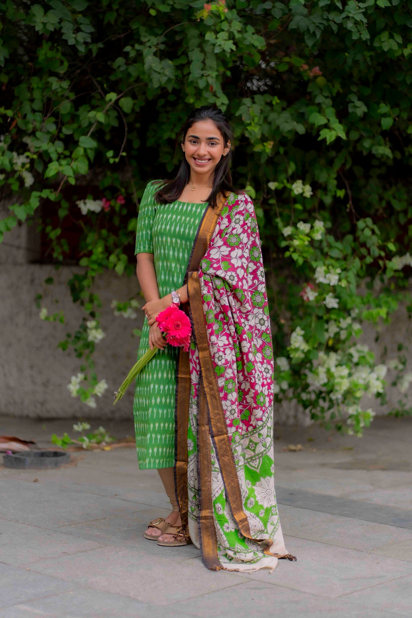 AA201 Green Ikkat Cotton Kurti with Kalmkari Dupatta