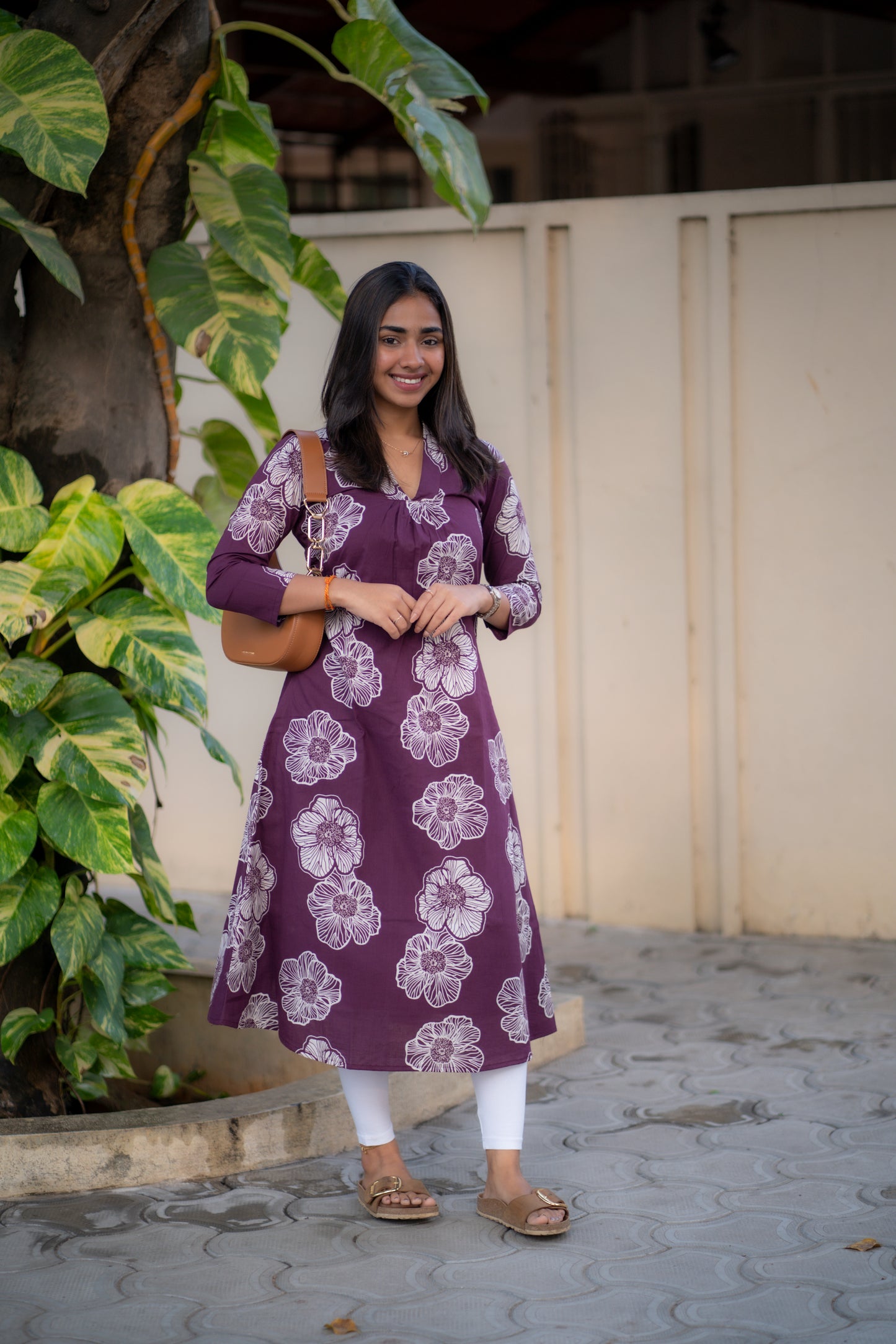 AA173 Wine Floral Cotton Aline kurti