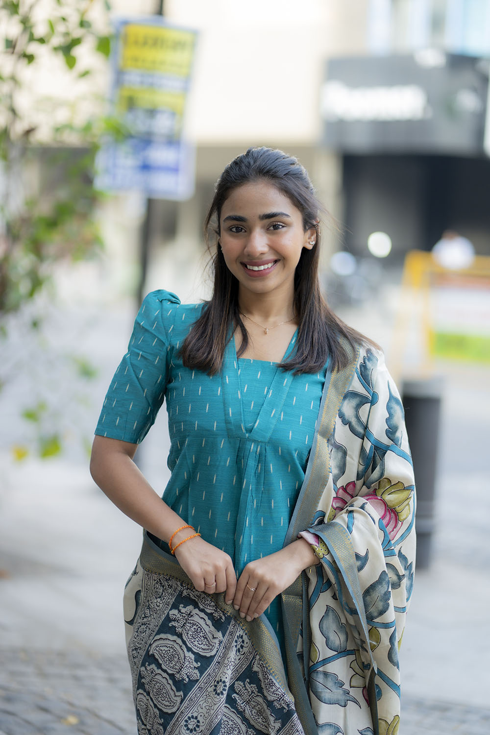 AA214 Blue Raw Silk Kurti With Kalamkari Dupatta
