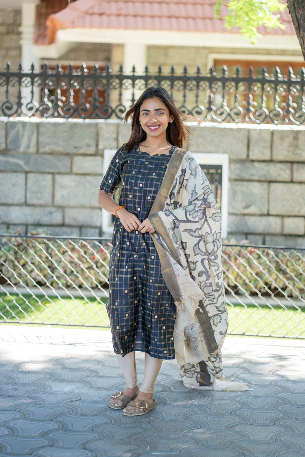 AA261 Black Checks Raw Silk Kurti with Kalmkari Dupatta