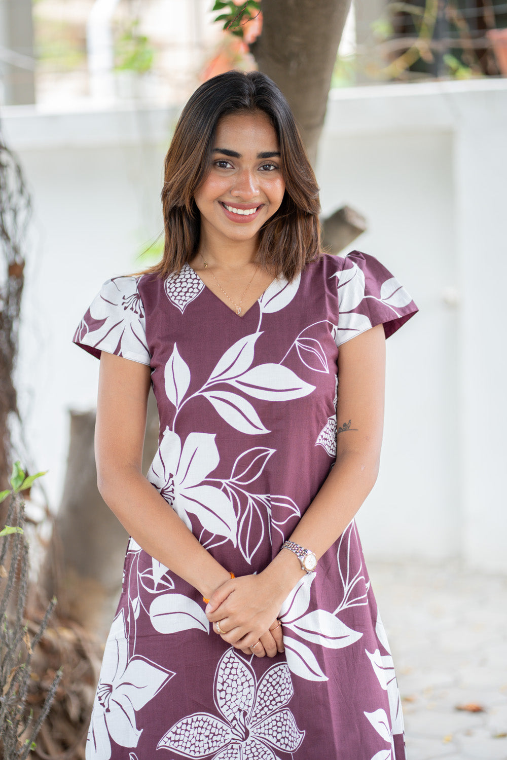 AA305 Purple Wine Floral Cotton Maxi(with Lining)