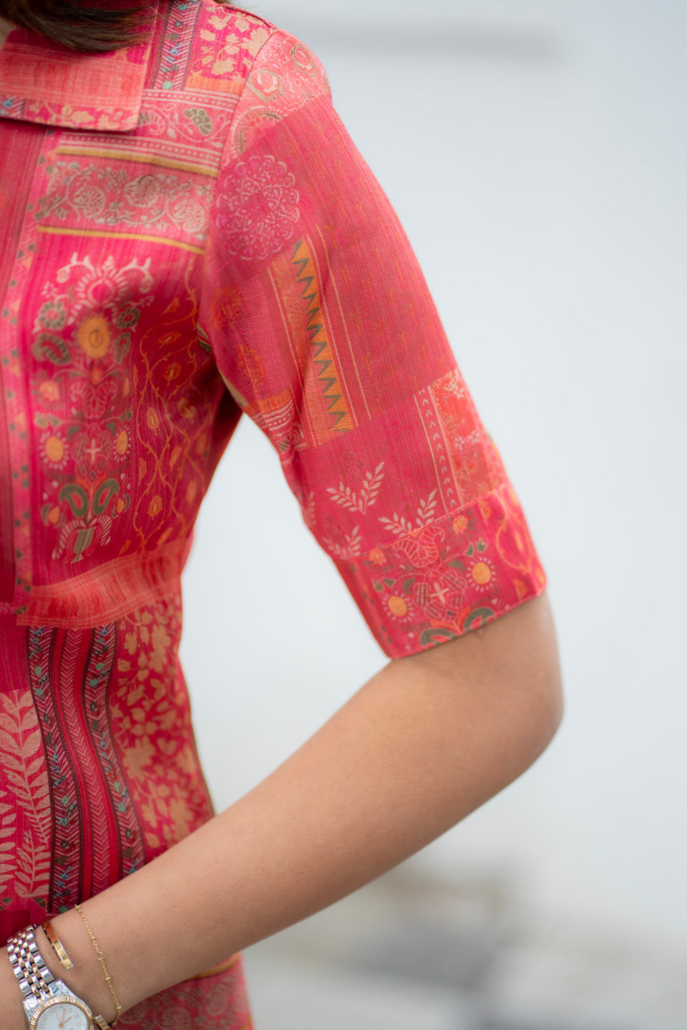 AA288 Coral Red with Multi Prints Shimmer Silk Aline Kurti