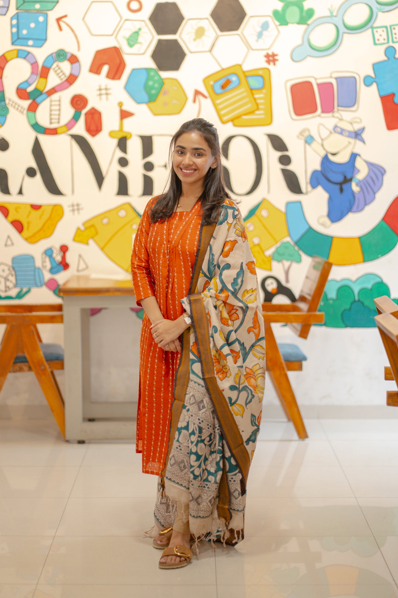 AA140 Orange Raw Silk Kurti with Kalamkari Dupatta