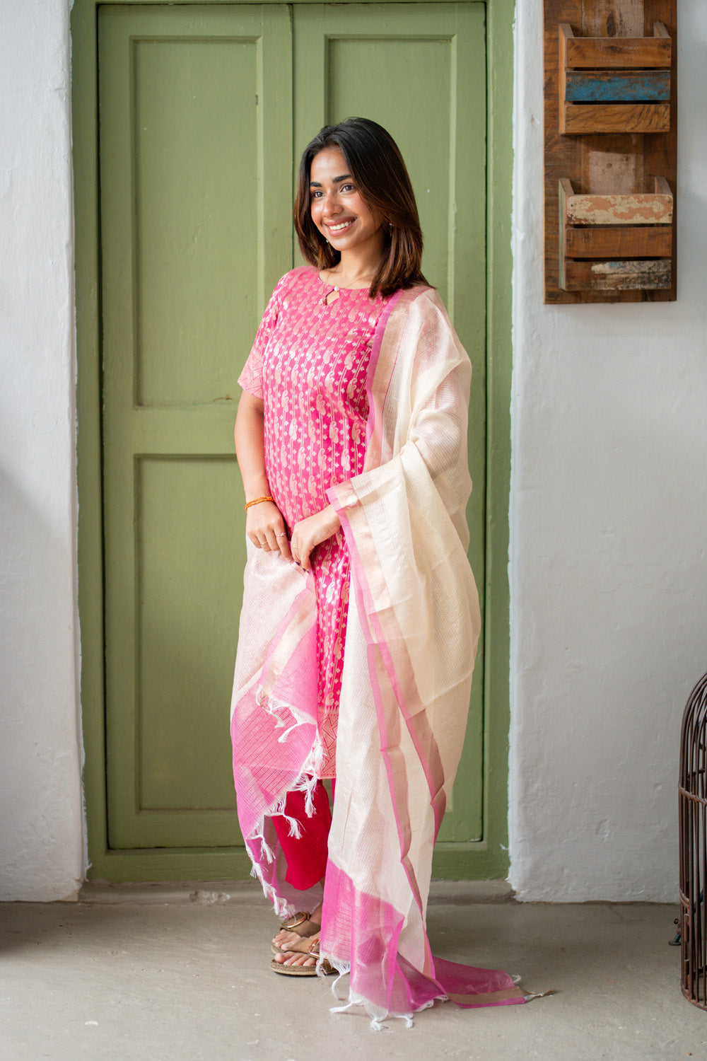 AA306 Pink Banarasi Silk Salwar Set With Beautiful Border & White Kota Dupatta with Pink Border