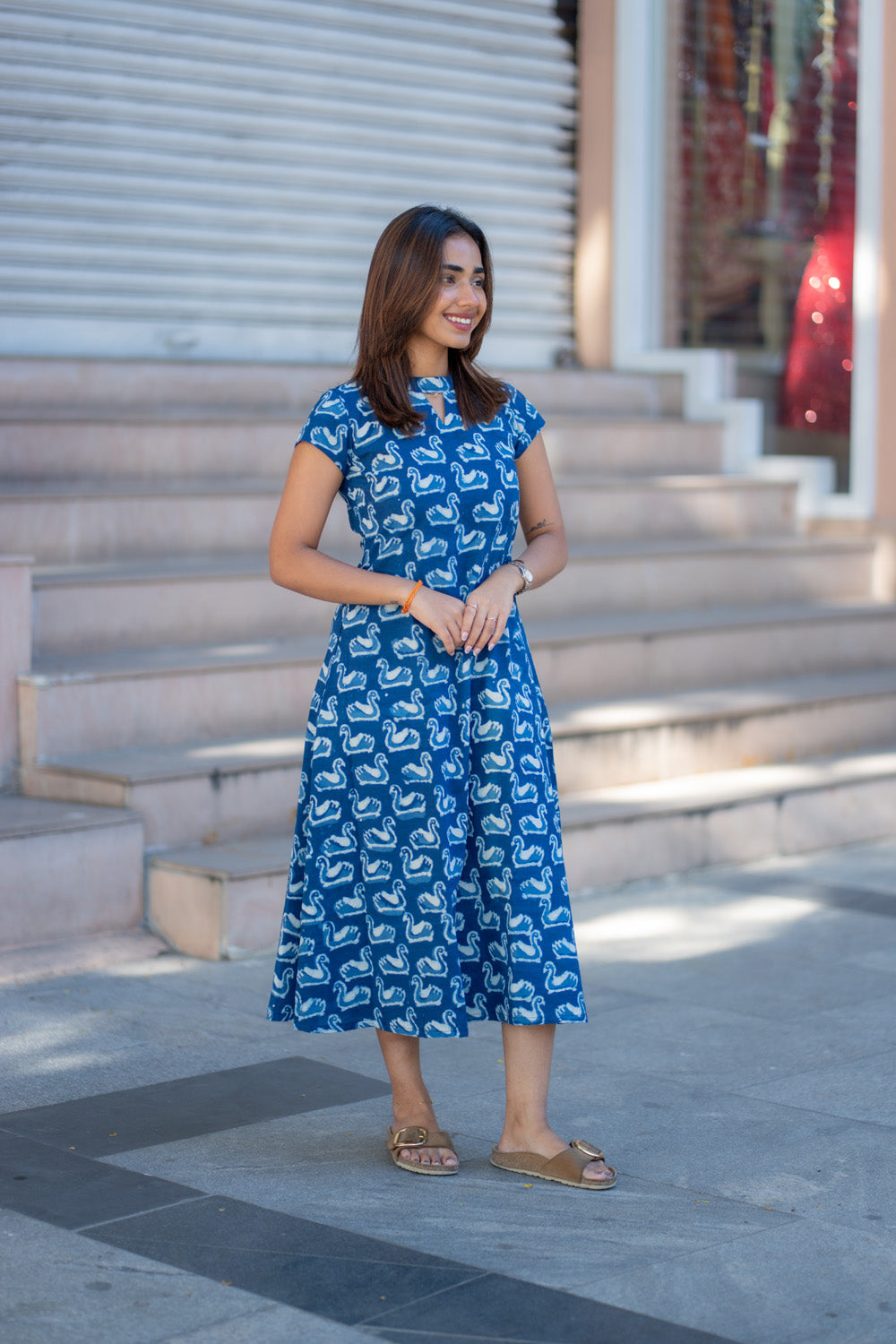 AA265 Indigo Blue Swan Print Cotton Aline Dress